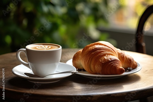 Delicious Croissant and Fresh Coffee on the Table Outside a City Coffee Shop