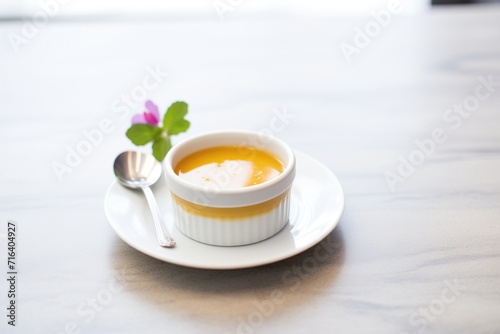 creme caramel in ramekin, unflipped