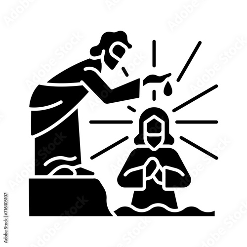 Baptism of Jesus black glyph icon. Traditional ritual. River Jordan. Jesus Christ and John the baptist. Biblical scene. Silhouette symbol on white space. Solid pictogram. Vector isolated illustration