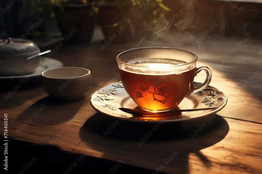 Authentic photo of steaming cup of tea on rustic wooden table Authentic photo of steaming cup of tea on rustic wooden table