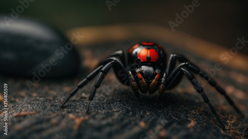 A black widow spider with red eyes sitting on a rock. Generative AI.
