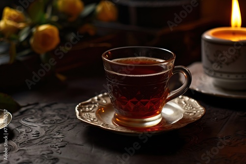 Authentic photo of steaming cup of tea on rustic wooden table