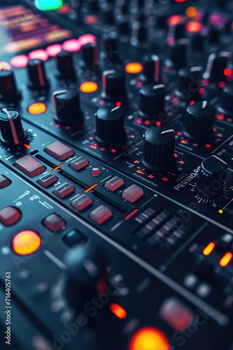 A close-up view of a mixing board in a recording studio. Perfect for showcasing the equipment and technology used in music production.