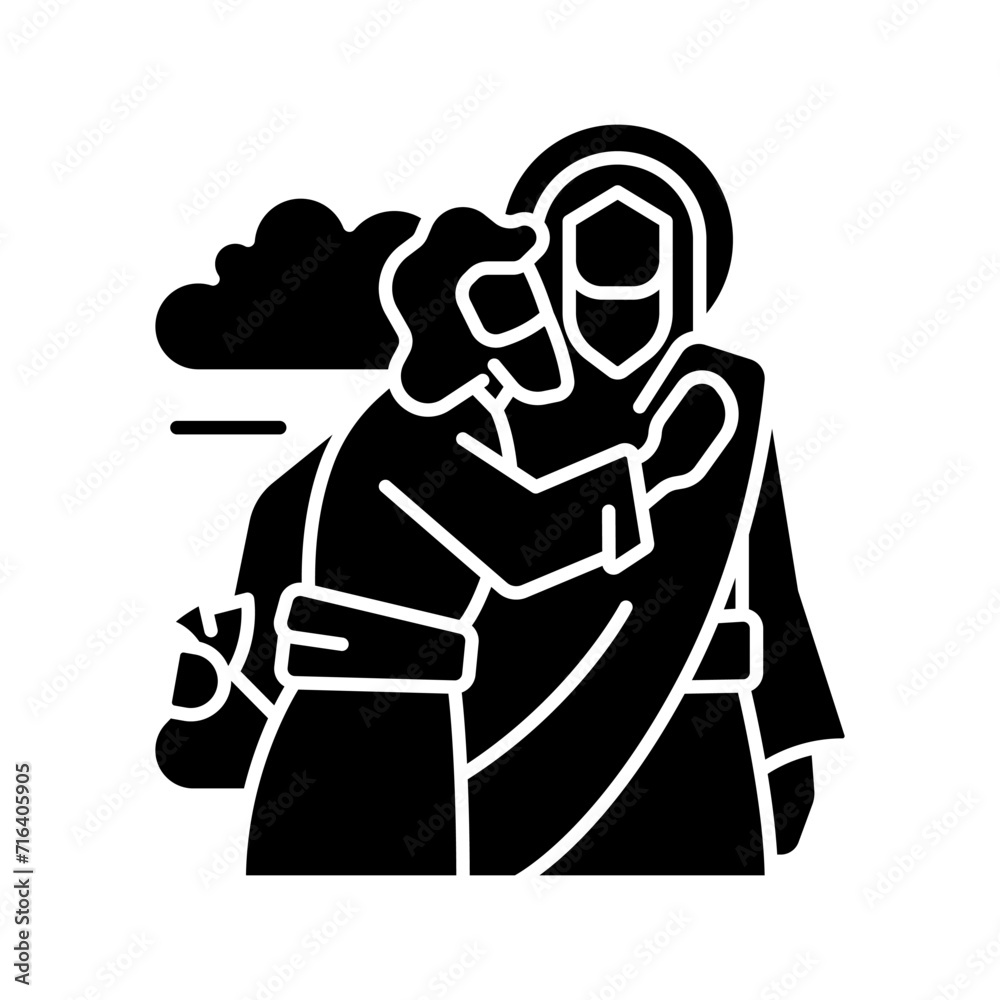 Kiss of Judas black glyph icon. Jesus Christ betrayed by Judas Iscariot. Treacherous disciple. Biblical scene. Silhouette symbol on white space. Solid pictogram. Vector isolated illustration Kiss of Judas black glyph icon. Jesus Christ betrayed by Judas Iscariot. Treacherous disciple. Biblical scene. Silhouette symbol on white space. Solid pictogram. Vector isolated illustration
