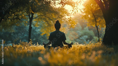 An tranquil and contemplative image capturing an individual in a serene outdoor environment, engaged in meditation or journaling, surrounded by nature, conveying a feeling of mindfulness.