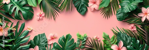Flowers Green Leaves On Pink Background  Banner Image For Website  Background  Desktop Wallpaper