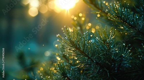 A detailed view of a pine tree with glistening water droplets. Perfect for nature-themed projects or environmental campaigns