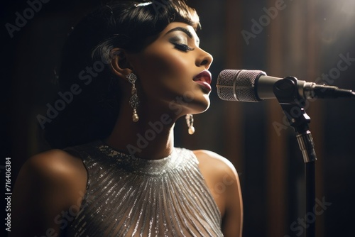 Singer in silver dress with microphone for recording, bold dress but elegant