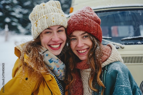 Two women standing next to each other in the snow. Can be used to depict friendship, winter activities, or snowy landscapes