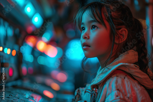 Little Asian girl wearing a spacesuit and looking at the dashboard inside a spaceship in space. Space flight in the future. Neon colors
