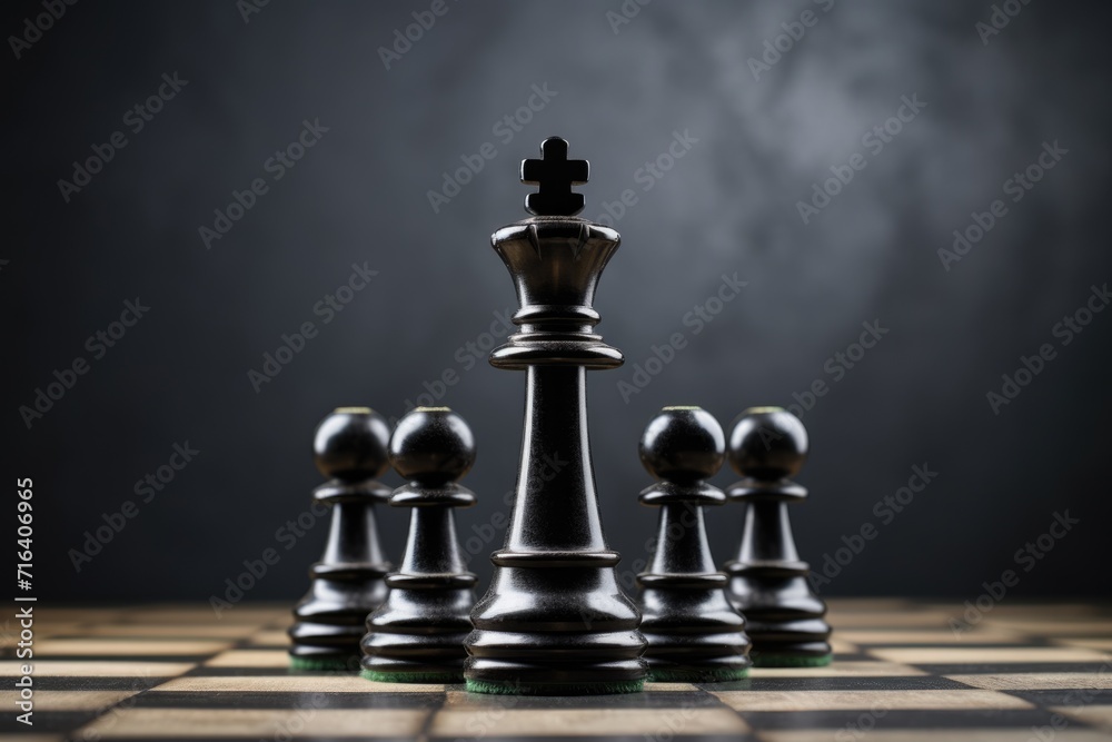 Chess Piece Battle. King Chess Piece Standing Against and Defeating Black Pawns on Chessboard Chess Piece Battle. King Chess Piece Standing Against and Defeating Black Pawns on Chessboard