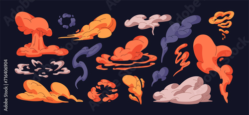 Colorful clouds of smoke set. Cigarette smog, dust moves. Different shapes of vapor fly. Comic steam track, gas trail in air. Bomb explosion, boom silhouettes. Flat isolated vector illustrations
