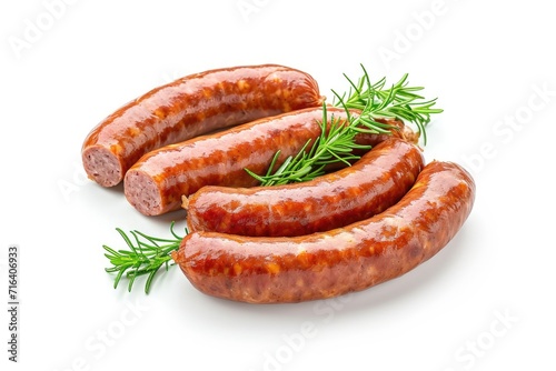 A collection of sausages accompanied by a fresh sprig of rosemary. Ideal for food-related projects and recipes