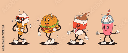 Set of fast food retro groovy cartoon character. Vintage mascot of burger, pizza, hot dog, ice cream, french fries, coffee to go, donut and soda with happy smile. Funky street food illustration