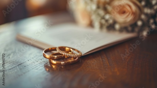 Two wedding rings sitting on top of an open book. Perfect for wedding invitations and marriage-related designs