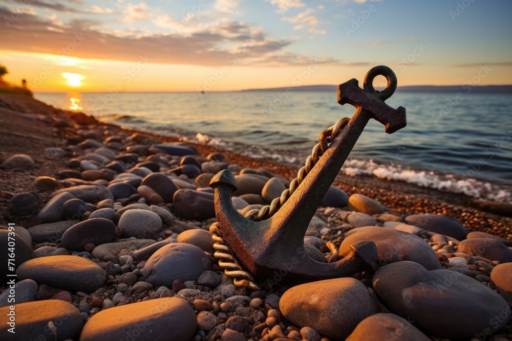 Beautiful Wooden Anchor on a Sandy Shoreline, with a Natural Background of the Water and Sky Beautiful Wooden Anchor on a Sandy Shoreline, with a Natural Background of the Water and Sky