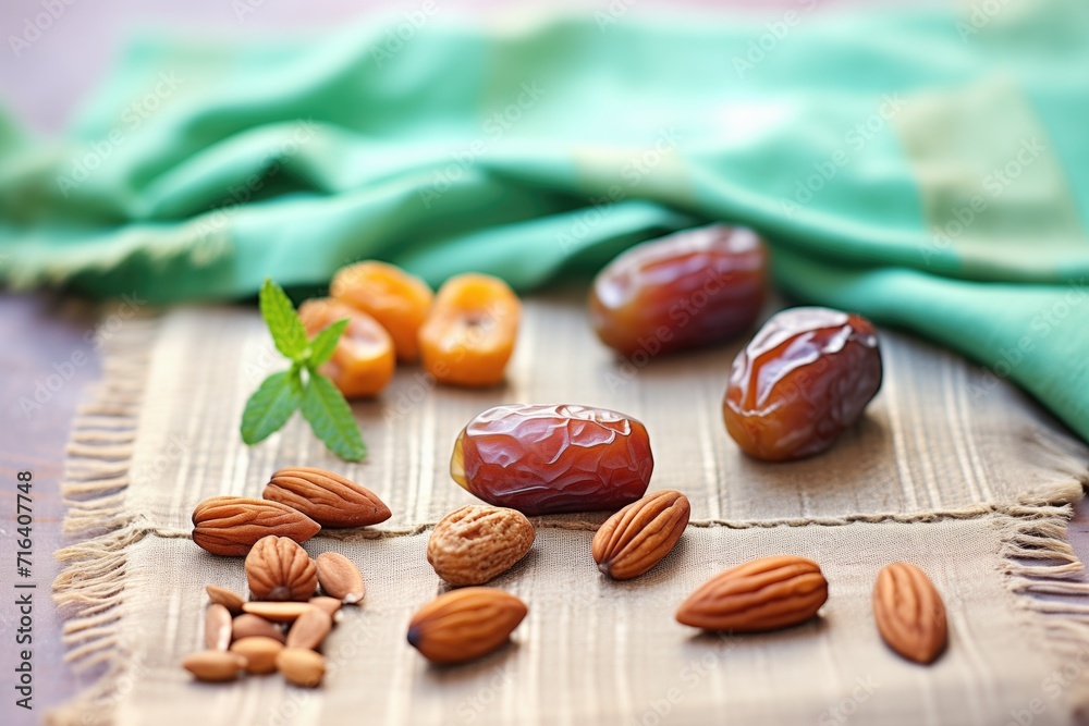 raw dates next to walnut halves and almonds on textured cloth raw dates next to walnut halves and almonds on textured cloth