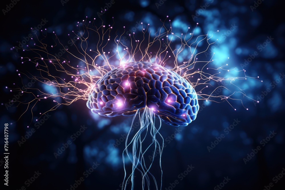 Invasive Brain growth intellectual expansion, PET scan unveils metabotropic axonal sprouting in realm of cerebrovascular diseases. Temporal lobe weaves imaginative threads, imprinting cognition canvas - obrazy, fototapety, plakaty 