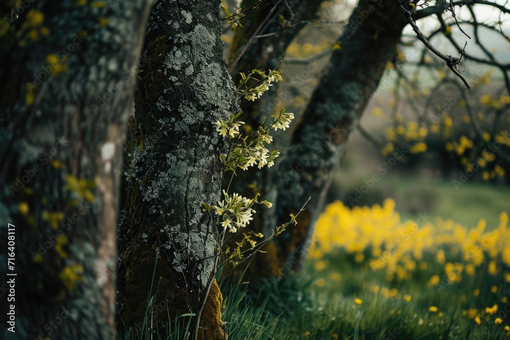 Obraz premium A bunch of trees standing in a grassy area. This image can be used to depict nature, landscapes, tranquility, or environmental themes