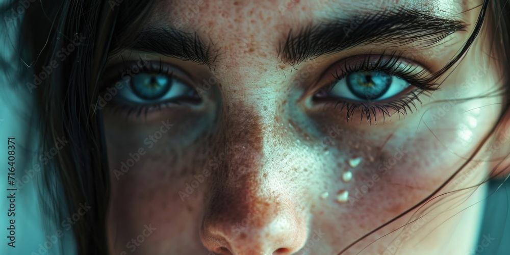 A close-up shot of a woman's face, focusing on her captivating blue eyes. Perfect for beauty and fashion-related projects A close-up shot of a woman's face, focusing on her captivating blue eyes. Perfect for beauty and fashion-related projects