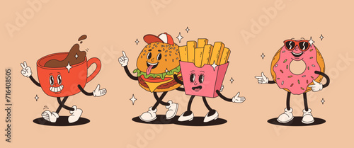 Set of fast food retro groovy cartoon character. Vintage mascot of burger, pizza, hot dog, ice cream, french fries, coffee to go, donut and soda with happy smile. Funky street food illustration