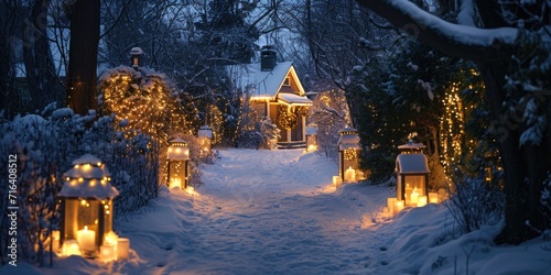 A snowy path leading to a house adorned with twinkling Christmas lights. Perfect for holiday-themed designs or winter landscapes