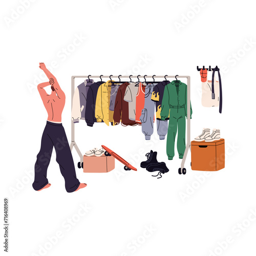 Young man choosing stylish outfit back view. Guy looks on closet, makes choice of garment on hanger rack. Wardrobe rail with clothes in dressing room. Flat isolated vector illustration on white