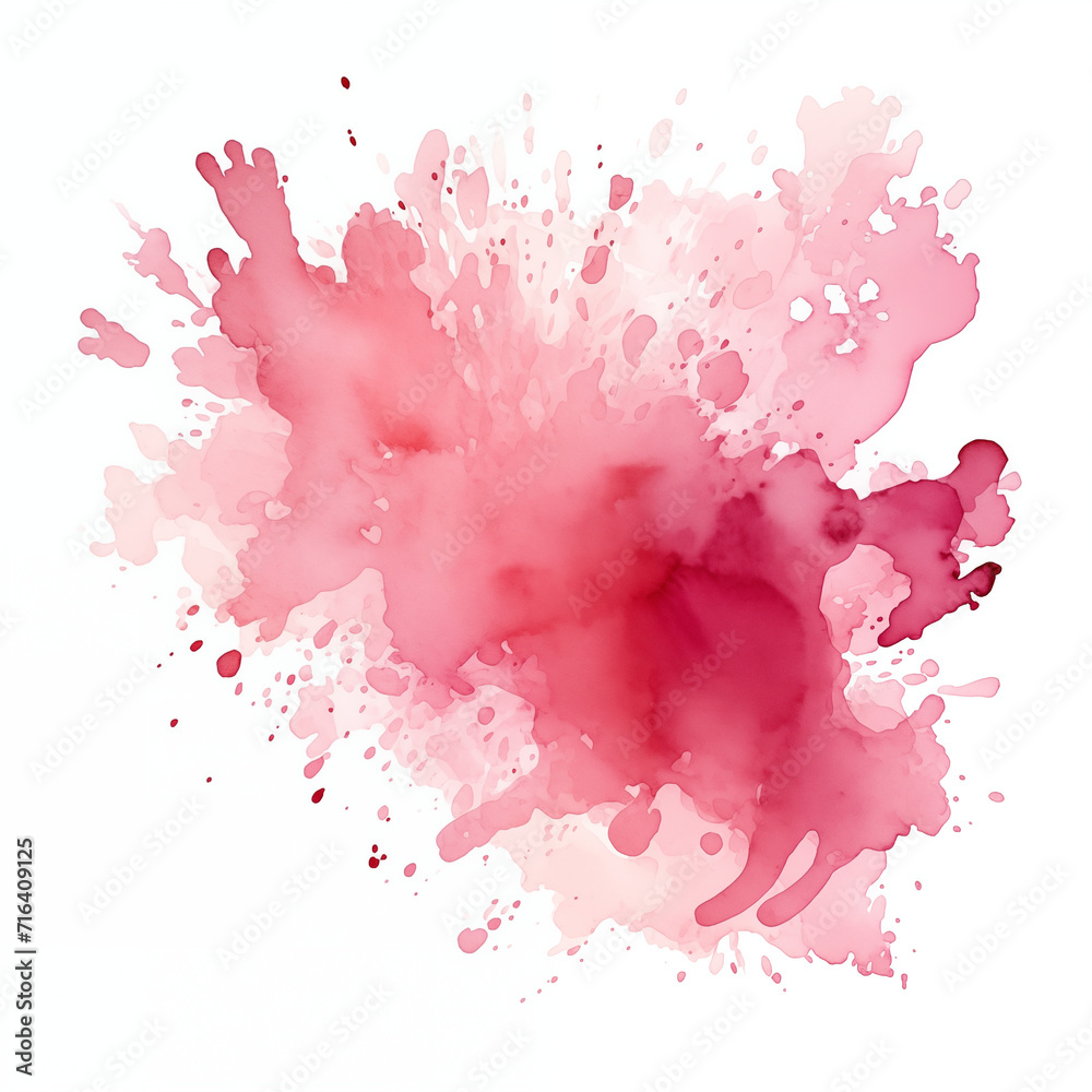 Pink brush watercolor blot with splashes on white paper. Isolated on white background with copy space for text. Abstract creative background