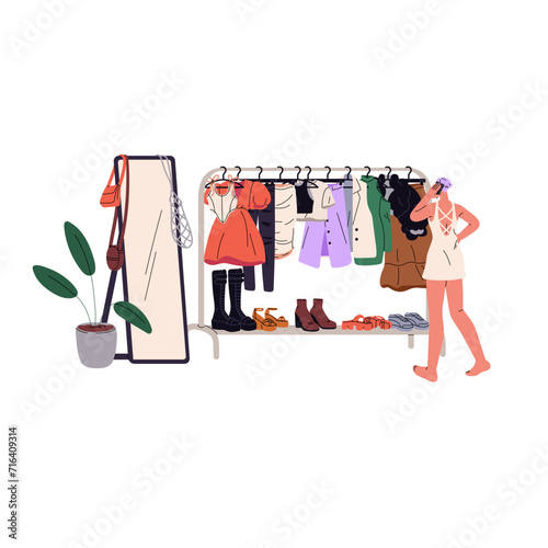 Young woman choosing dress on wardrobe rod back view. Girl talks by phone, makes choice of outfit. Garments on hanger rack, rail. Decorated dressing room. Flat isolated vector illustration on white