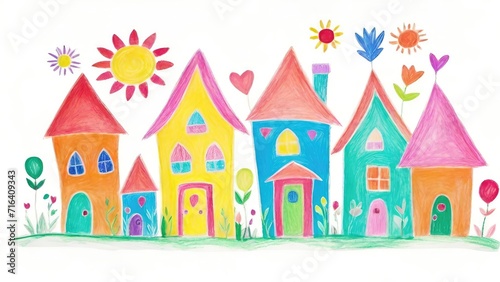 Childlike Drawing of Family House, Tree, Sun Illustration, Colorful Crayon Isolated on White Background © dreambender