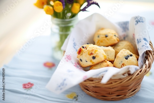 mini scones in a basket with a napkin © studioworkstock