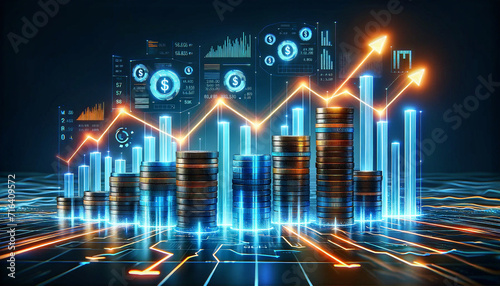 Stack of coins with growth graph, business marketing Financial growth and investment analysis Digital illustrations of financial growth and growing graphs showing analysis of economic success. photo