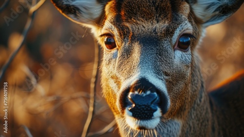 A close-up photograph of a deer looking directly at the camera. This image can be used to depict wildlife, nature, or animal themes photo