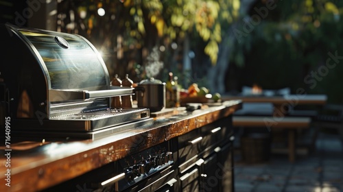 An outdoor kitchen featuring a grill and a table, perfect for cooking and dining al fresco. Ideal for backyard parties and outdoor gatherings