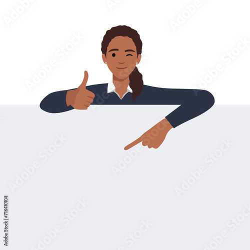 Young woman is standing behind the white blank banner and pointing down at a copy space with one thumb up. Flat vector illustration isolated on white background