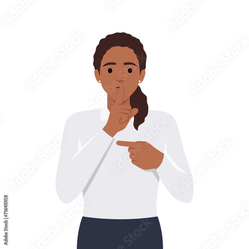 Young woman Shh! Gesture is quieter. The concept of male secret. A man asks for silence and pointing to side. Flat vector illustration isolated on white background