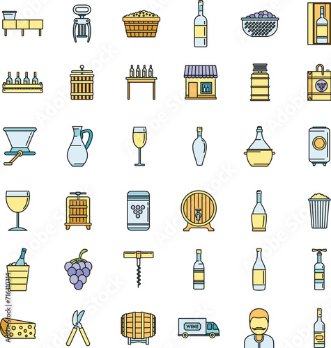 Modern winemaker icons set. Outline set of modern winemaker vector icons thin line color flat on white