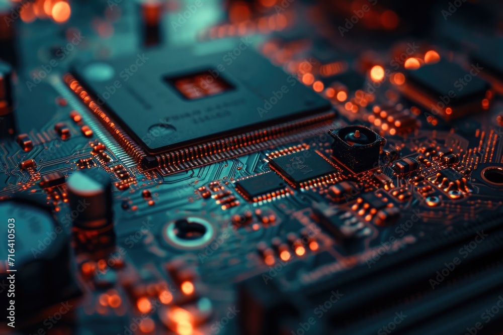 A detailed close-up shot of a computer motherboard. Perfect for technology-related projects and articles A detailed close-up shot of a computer motherboard. Perfect for technology-related projects and articles