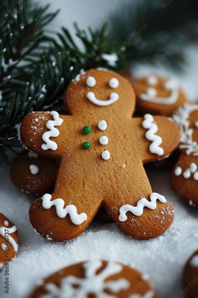 A close-up view of a ginger man cookie placed on a table. Perfect for holiday baking and festive decorations A close-up view of a ginger man cookie placed on a table. Perfect for holiday baking and festive decorations