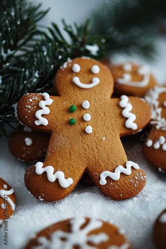 A close-up view of a ginger man cookie placed on a table. Perfect for holiday baking and festive decorations