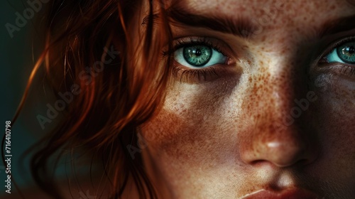 A close-up view of a woman's face with freckles. This image can be used to showcase natural beauty or for skincare and cosmetics-related content