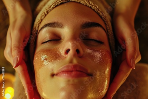 A woman is seen receiving a facial mask treatment at a spa. This image can be used to showcase the relaxation and rejuvenation experienced during a spa visit