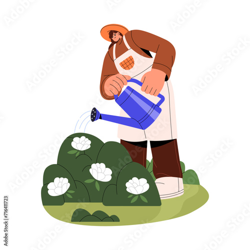 Young happy woman takes care of flowers. Rural worker growing plants, waters bushes. Gardener in hat works with watering can in summer garden. Flat isolated vector illustration on white background