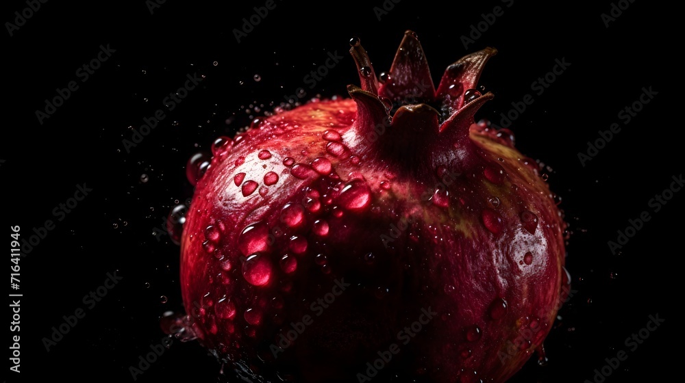 Fresh pomegranate with water splashes and drops on black background Fresh pomegranate with water splashes and drops on black background