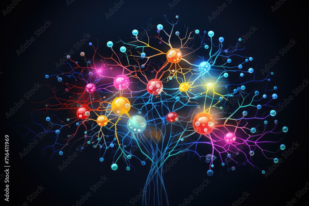 Curiosity primary visual colorful vibrant cortex, adaptable glial cells. Neuronal networks intertwine, converging thoughts on expressive frontal lobe stage. Mindset habits awaken suppressor pathway - obrazy, fototapety, plakaty 
