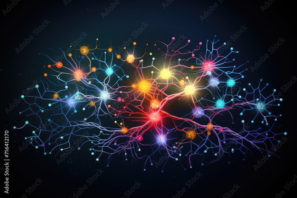 Curiosity primary visual colorful vibrant cortex, adaptable glial cells. Neuronal networks intertwine, converging thoughts on expressive frontal lobe stage. Mindset habits awaken suppressor pathway - obrazy, fototapety, plakaty 