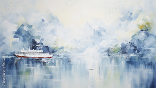Art work painting cruise ship at sea in Impressionism style, light white and blue shade backdrop copy space