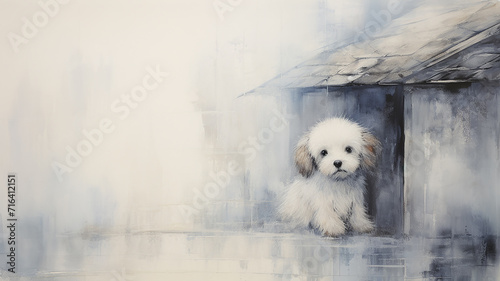 dog and doghouse, artwork painting in impressionism style, light background white and blue shade design, background copy space