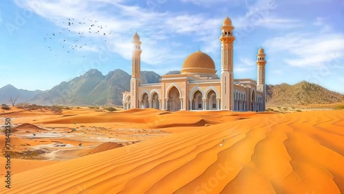 beautiful mosque view of the deset. seamless looping 4k time-lapse virtual video animation background photo
