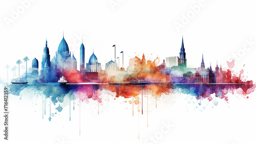 multicolored spectrum silhouette of the city  watercolor illustration on a white background  cityline liquid paint  isolated print